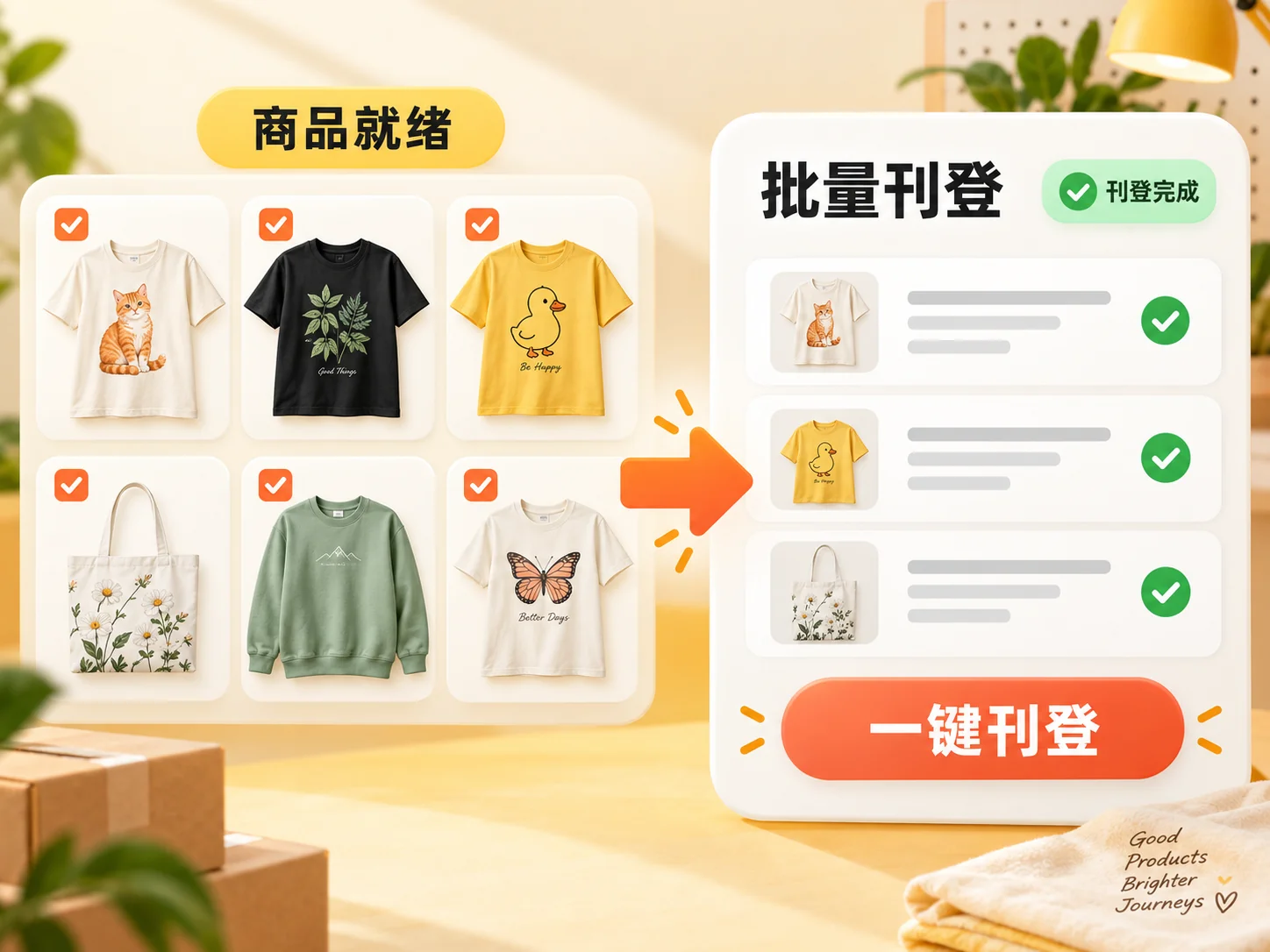 批量刊登示意:选中多件商品,整理商品信息并一键刊登